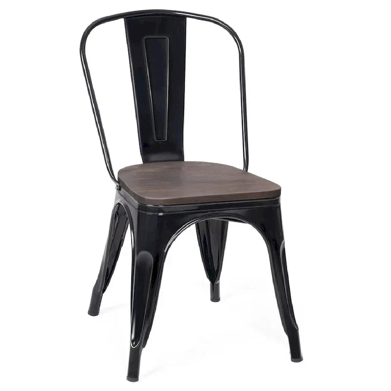 Dining Chairs - Set of 4 Stackable Bistro Cafe, Featuring Metal Frame and Wooden Seat - Details Inside