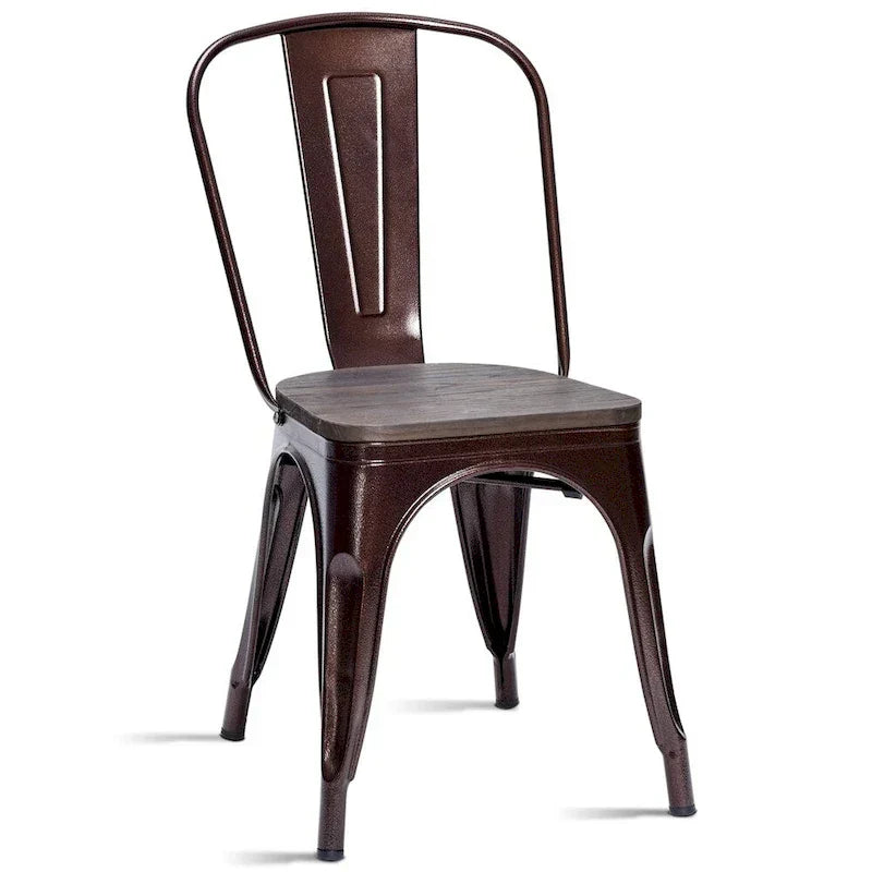 Dining Chairs - Set of 4 Stackable Bistro Cafe, Featuring Metal Frame and Wooden Seat - Details Inside
