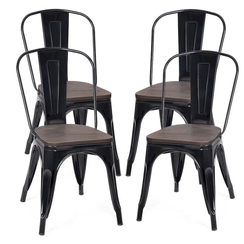 Dining Chairs - Set of 4 Stackable Bistro Cafe, Featuring Metal Frame and Wooden Seat - Details Inside