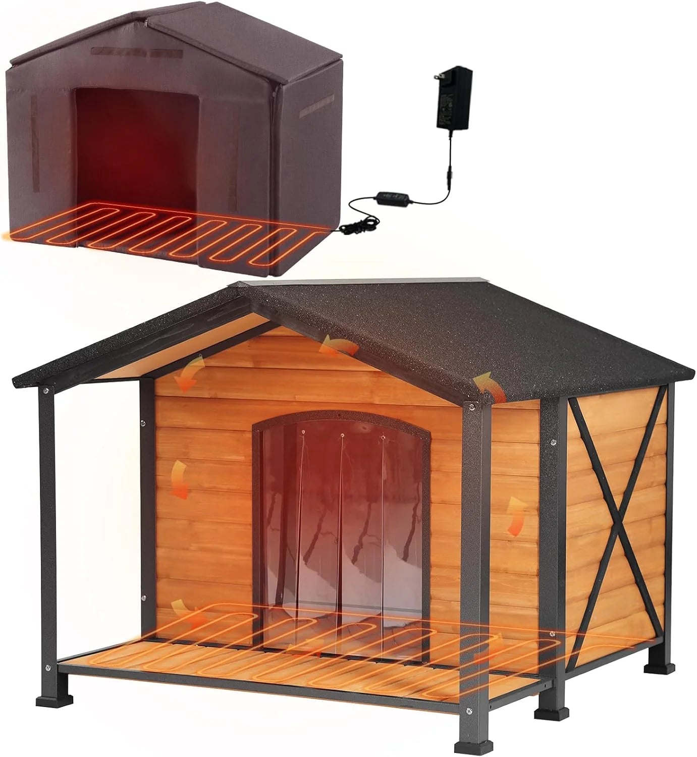 Dog House - 41.4 Large Outdoor Heated, Featuring Heating Pad and Insulated Liner - Iron Frame Insulated Dog Kennel for Winter, Anti-chewing