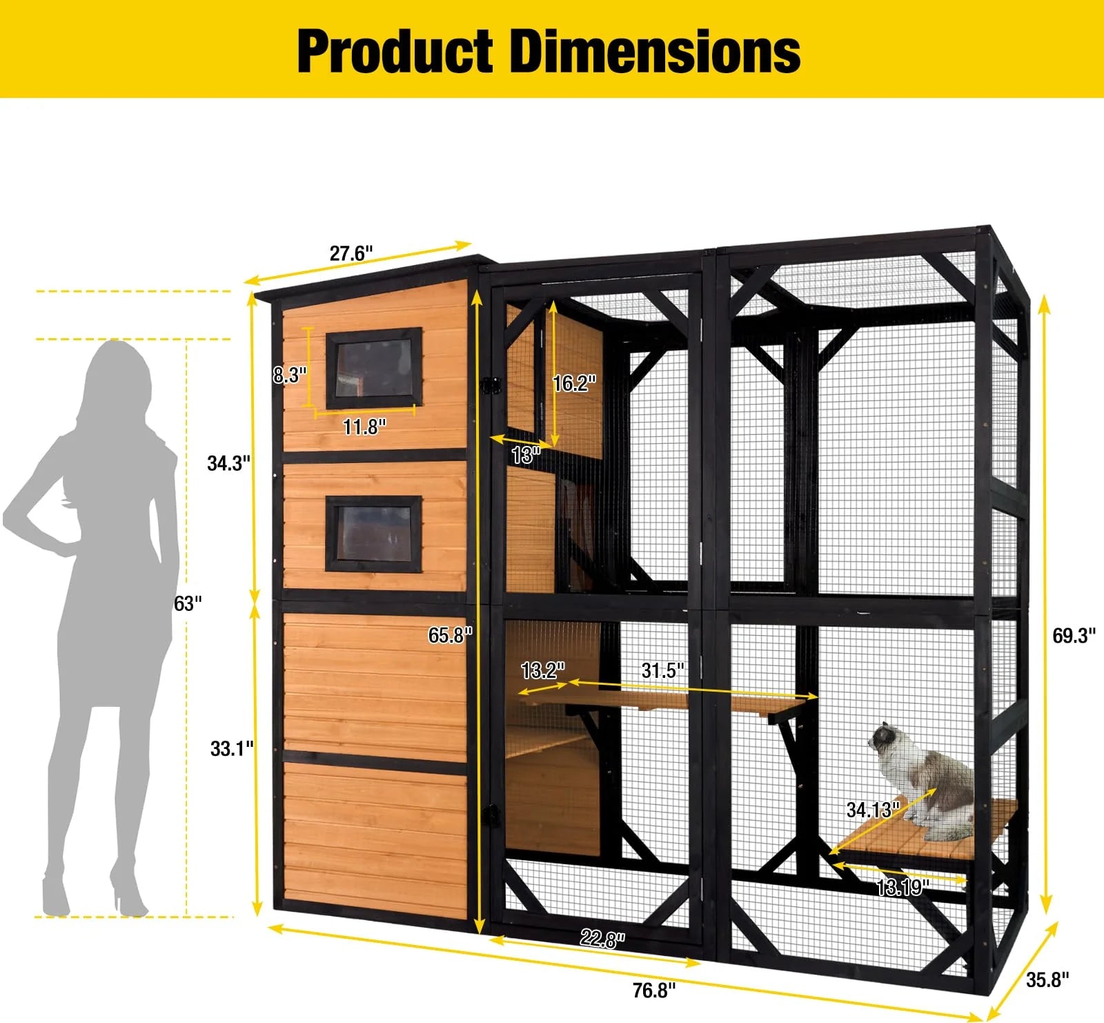 Catio - Large Cat, 4 Tiers Cat Enclosures House for Outdoor Indoor Cats with Weatherproof Roof - 3 Resting Rooms, 3 Platforms, 5 Windows 70 H 77 L