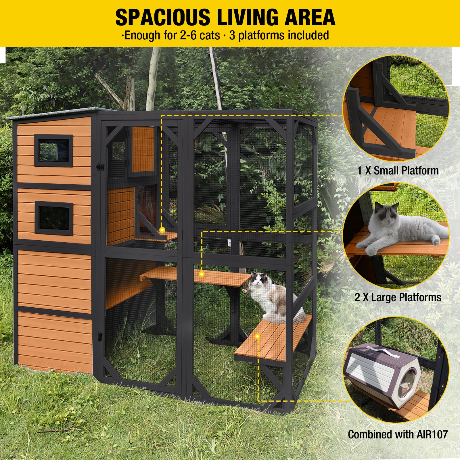 Catio - Large Cat, 4 Tiers Cat Enclosures House for Outdoor Indoor Cats with Weatherproof Roof - 3 Resting Rooms, 3 Platforms, 5 Windows 70 H 77 L