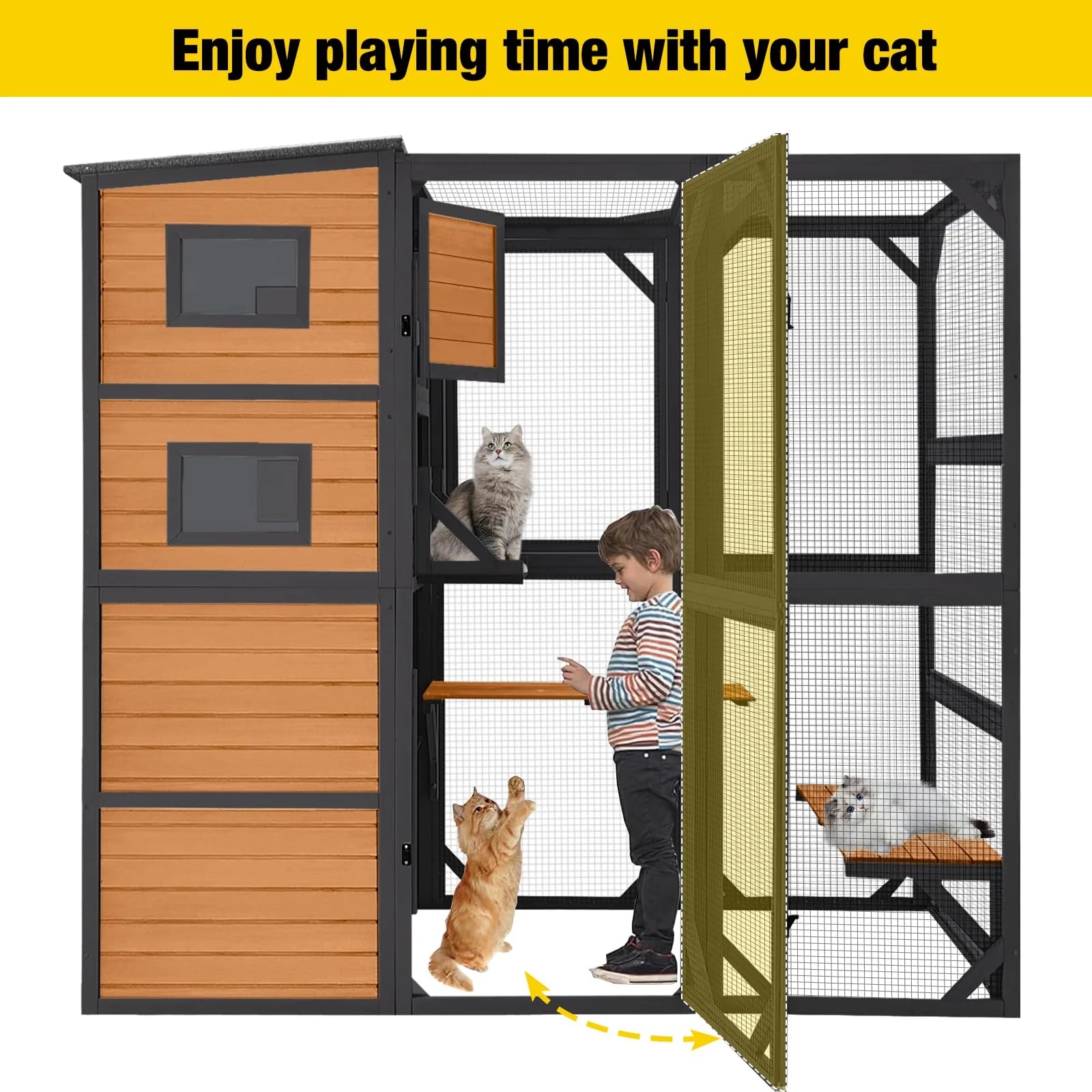 Catio - Large Cat, 4 Tiers Cat Enclosures House for Outdoor Indoor Cats with Weatherproof Roof - 3 Resting Rooms, 3 Platforms, 5 Windows 70 H 77 L
