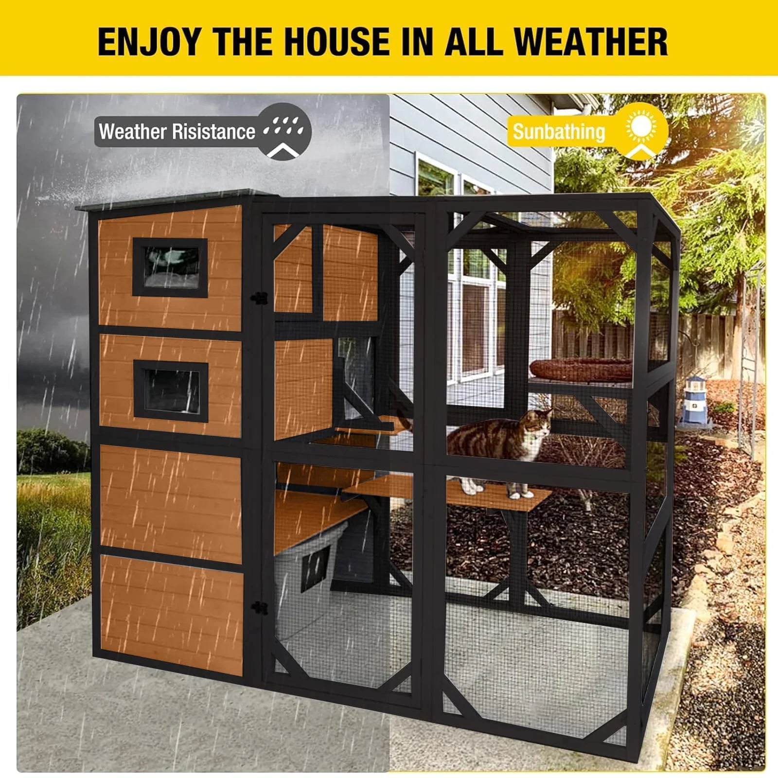 Catio - Large Cat, 4 Tiers Cat Enclosures House for Outdoor Indoor Cats with Weatherproof Roof - 3 Resting Rooms, 3 Platforms, 5 Windows 70 H 77 L