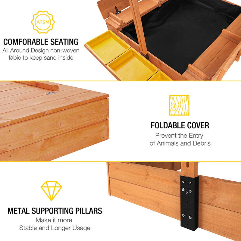 1787411415_2fCZ855f Sandbox - 47, Designed for Kids with Lid Cover - Wooden Sandbox for Outdoor Play 2 Bench Seats and Toy Bin Storage