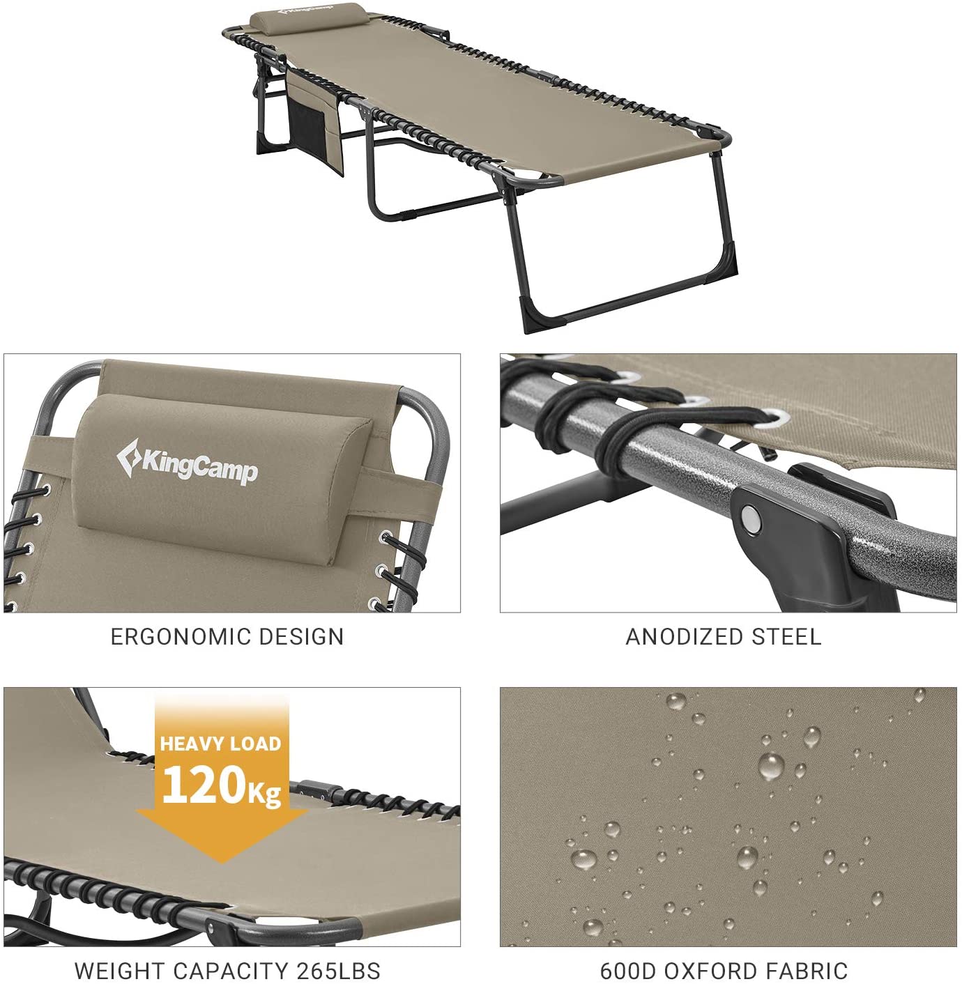 Pillow, regulowany 4-Position składany Chaise Lounge krzeslo z, Pocket, Supports 265lb