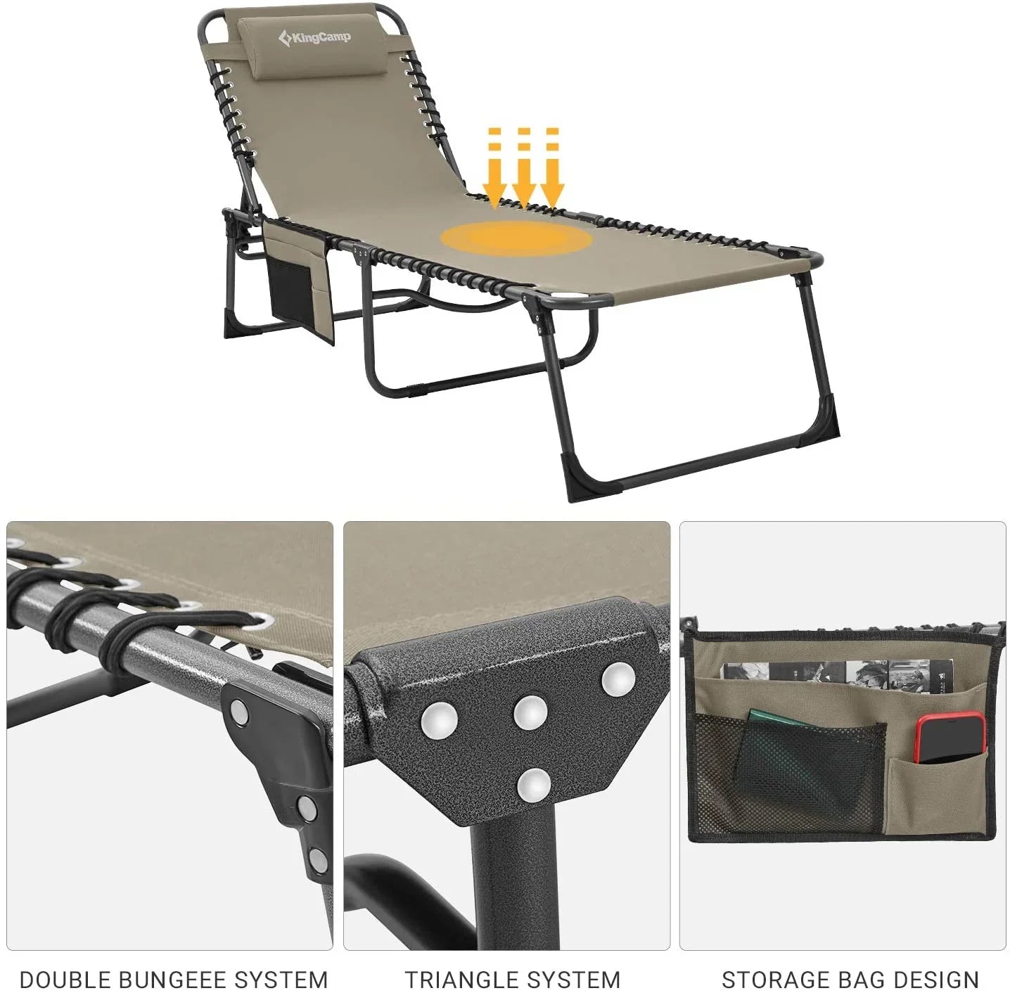 Pillow, regulowany 4-Position składany Chaise Lounge krzeslo z, Pocket, Supports 265lb