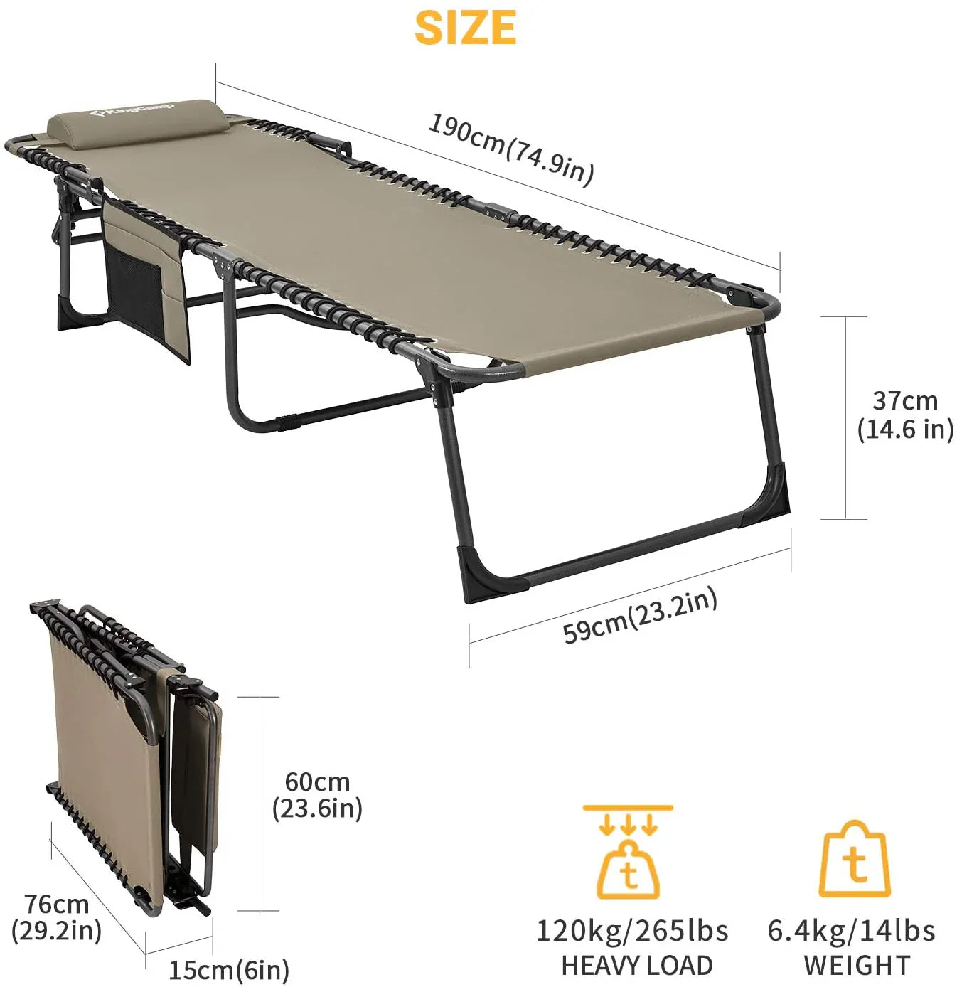 Pillow, regulowany 4-Position składany Chaise Lounge krzeslo z, Pocket, Supports 265lb