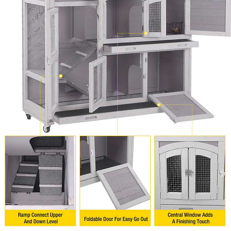 Suumerpety drewno Rabbit Hutch Bunny klatka z koło, Two Layer Guinea Pig domek do Outdoors i Indoors
