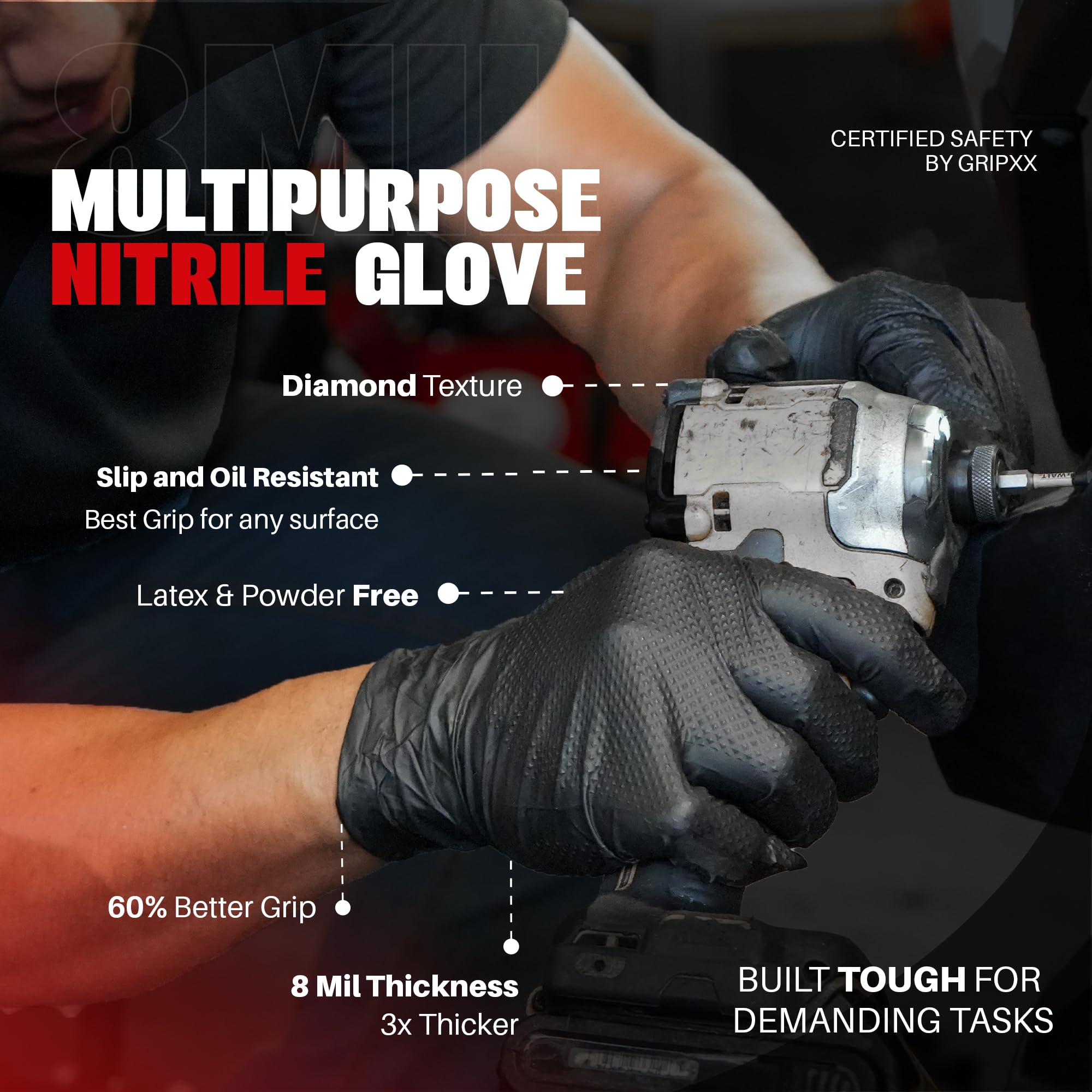 Herkules Grip 8Mil czarny Nitrile Gloves, wzmocniony