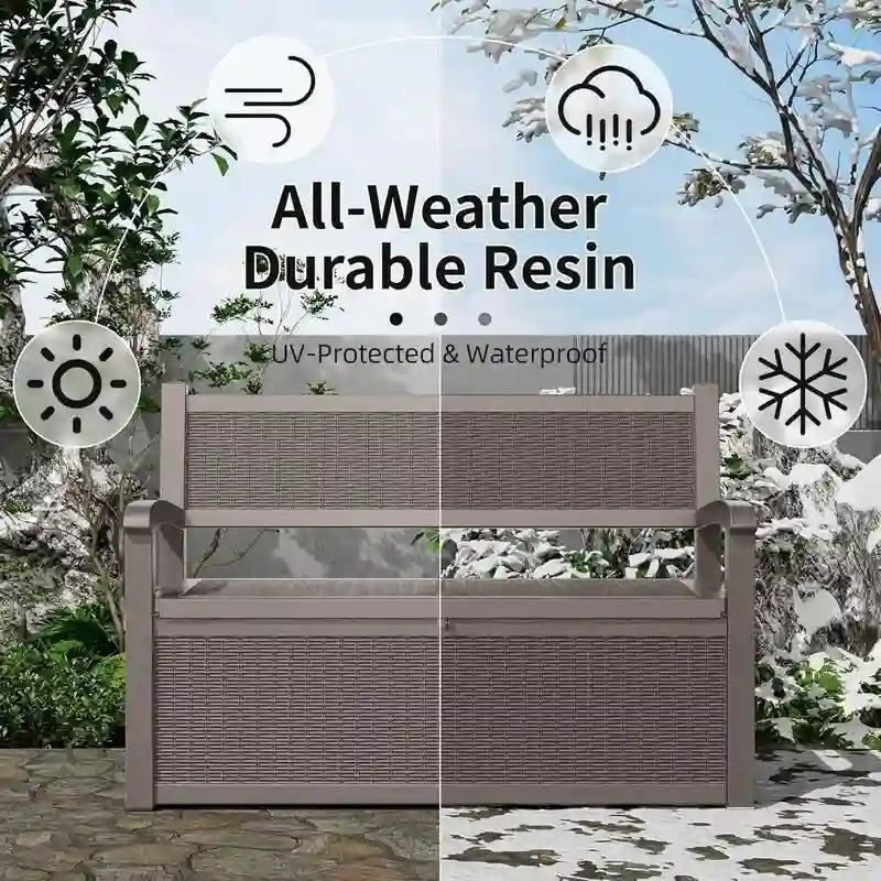 Storage Bench - Durable All-weather Resin, Featuring Lockable Hidden Compartment - Rattan-style Design, 500 Lbs Weight Capacity, 70-Gallon Storage Space