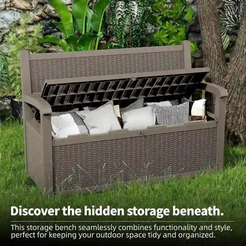 Storage Bench - Durable All-weather Resin, Featuring Lockable Hidden Compartment - Rattan-style Design, 500 Lbs Weight Capacity, 70-Gallon Storage Space