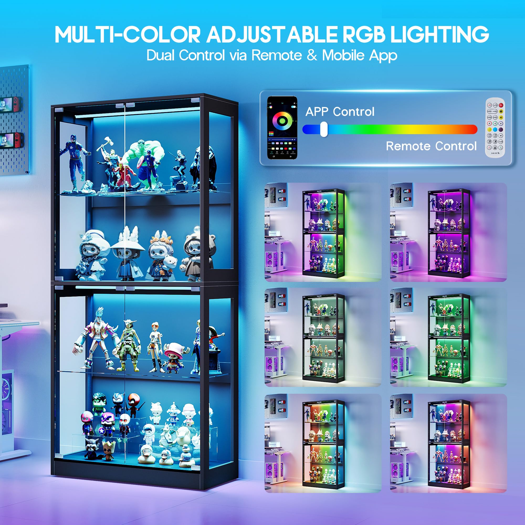 RGB wyświetlacz szafka z LED lampy i szklo półki
