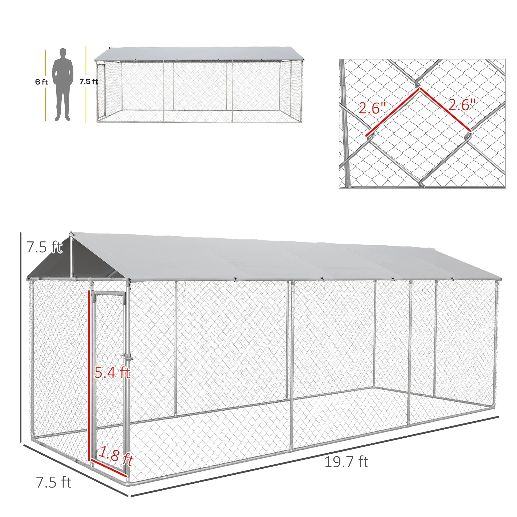 Dog Kennel - 19.7-ft X 7.5-ft X 7.5' Outdoor, W/waterproof Roof