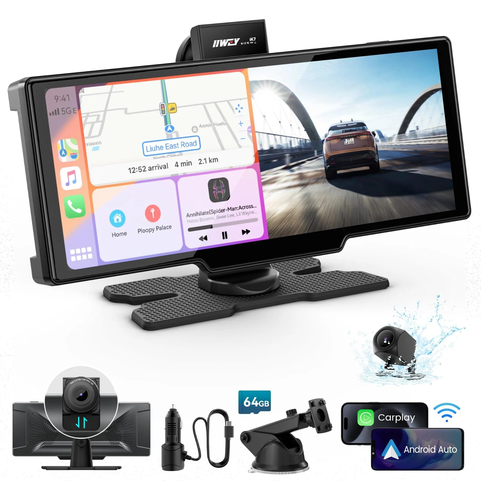 Przenośny Carplay ekran 10'' samochodowy Stereo 4K Dash kamera