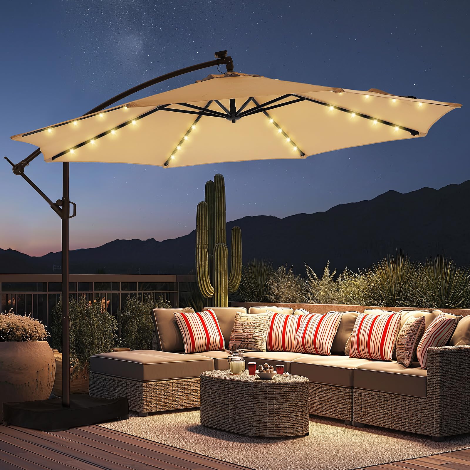 10ft słoneczny LED tarasowy z podstawa Umbrella, Beige