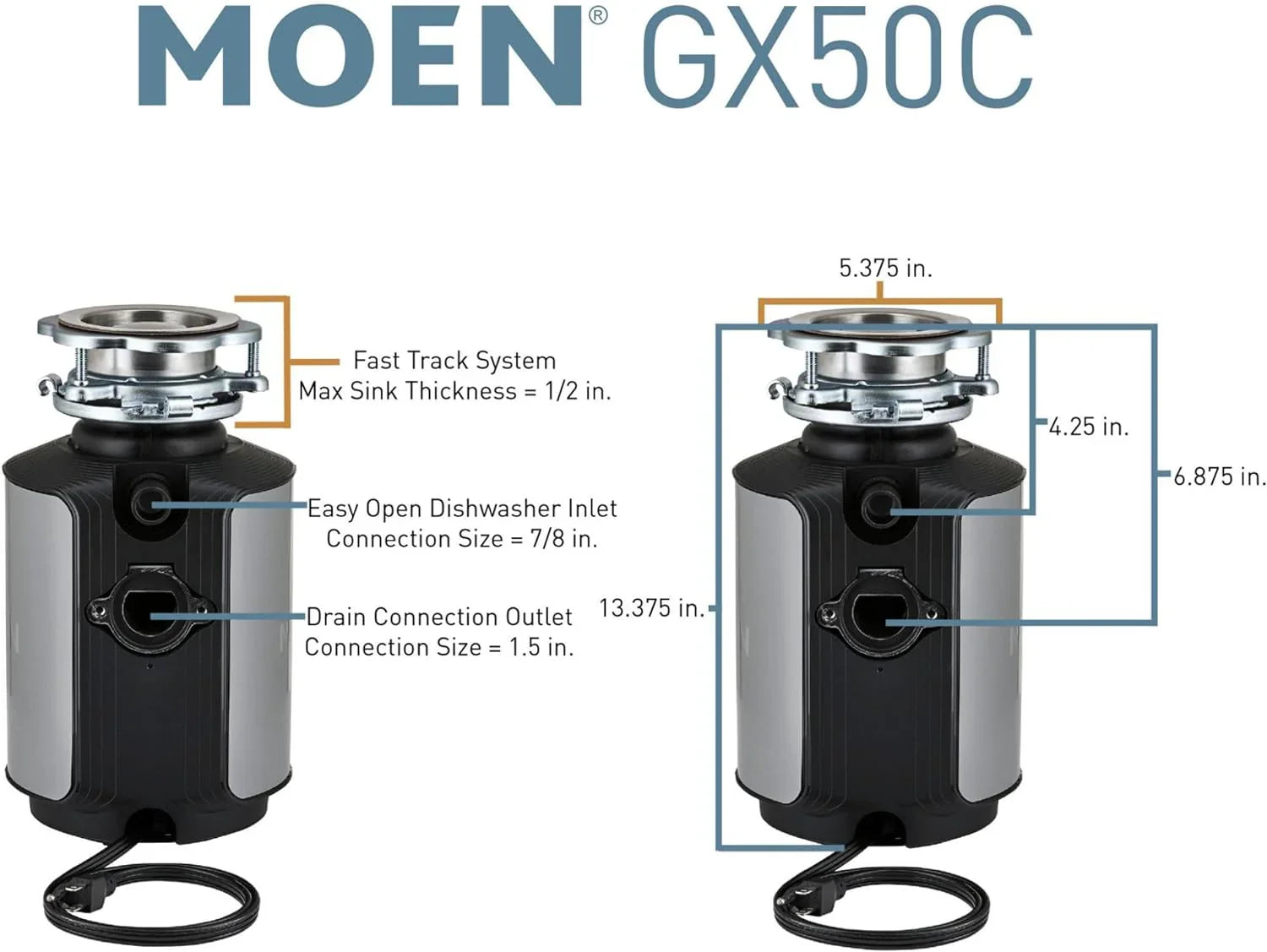 Garbage Disposal - Disposer Prep Series 1/2 HP Continuous Feed, Featuring Sound Reduction - Power Cord Included