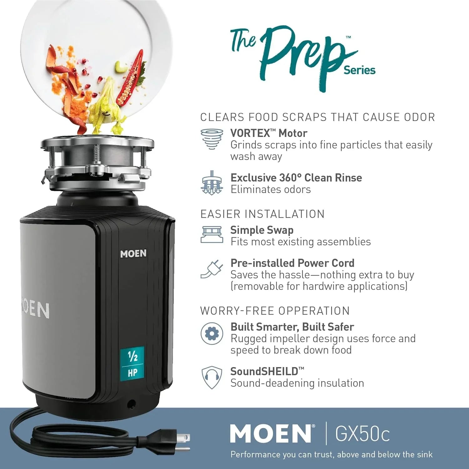 Garbage Disposal - Disposer Prep Series 1/2 HP Continuous Feed, Featuring Sound Reduction - Power Cord Included