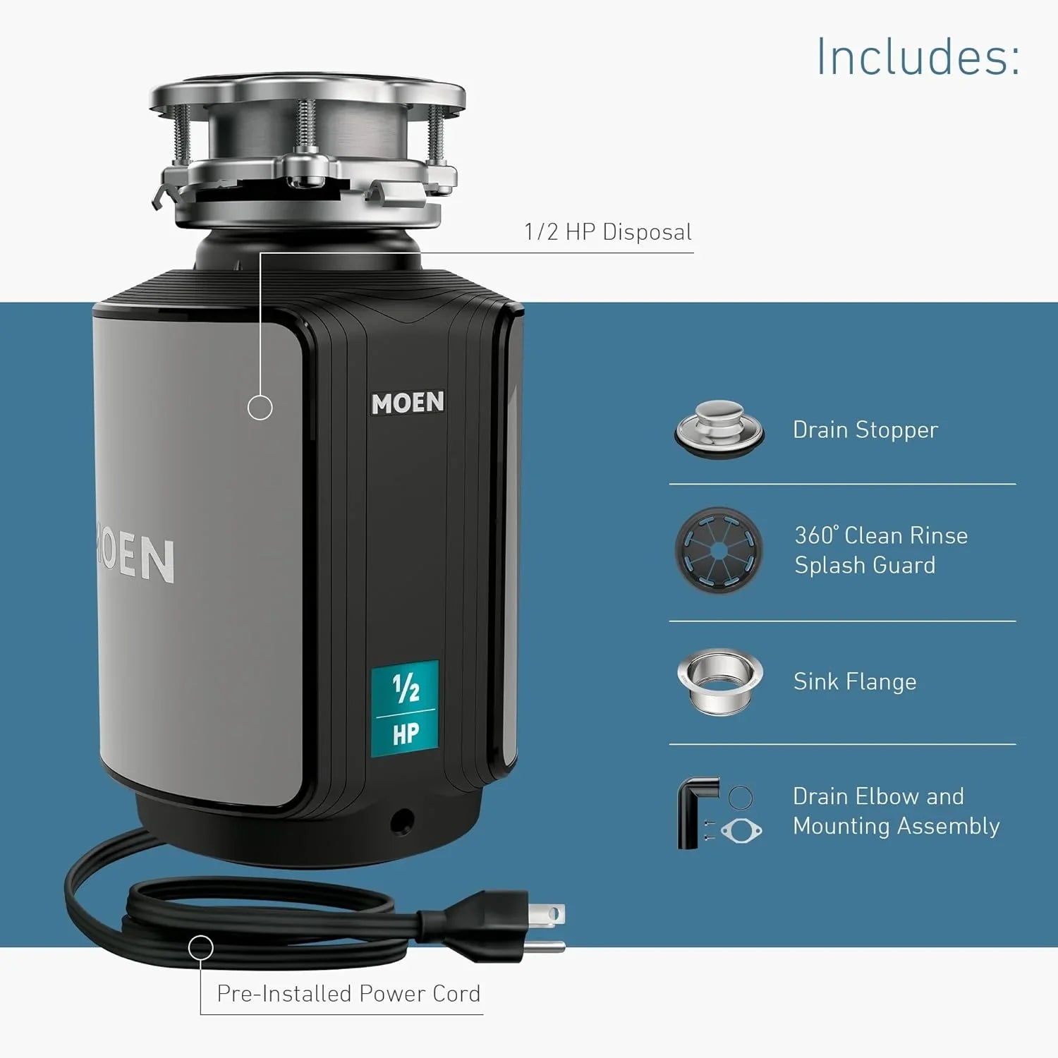 Garbage Disposal - Disposer Prep Series 1/2 HP Continuous Feed, Featuring Sound Reduction - Power Cord Included