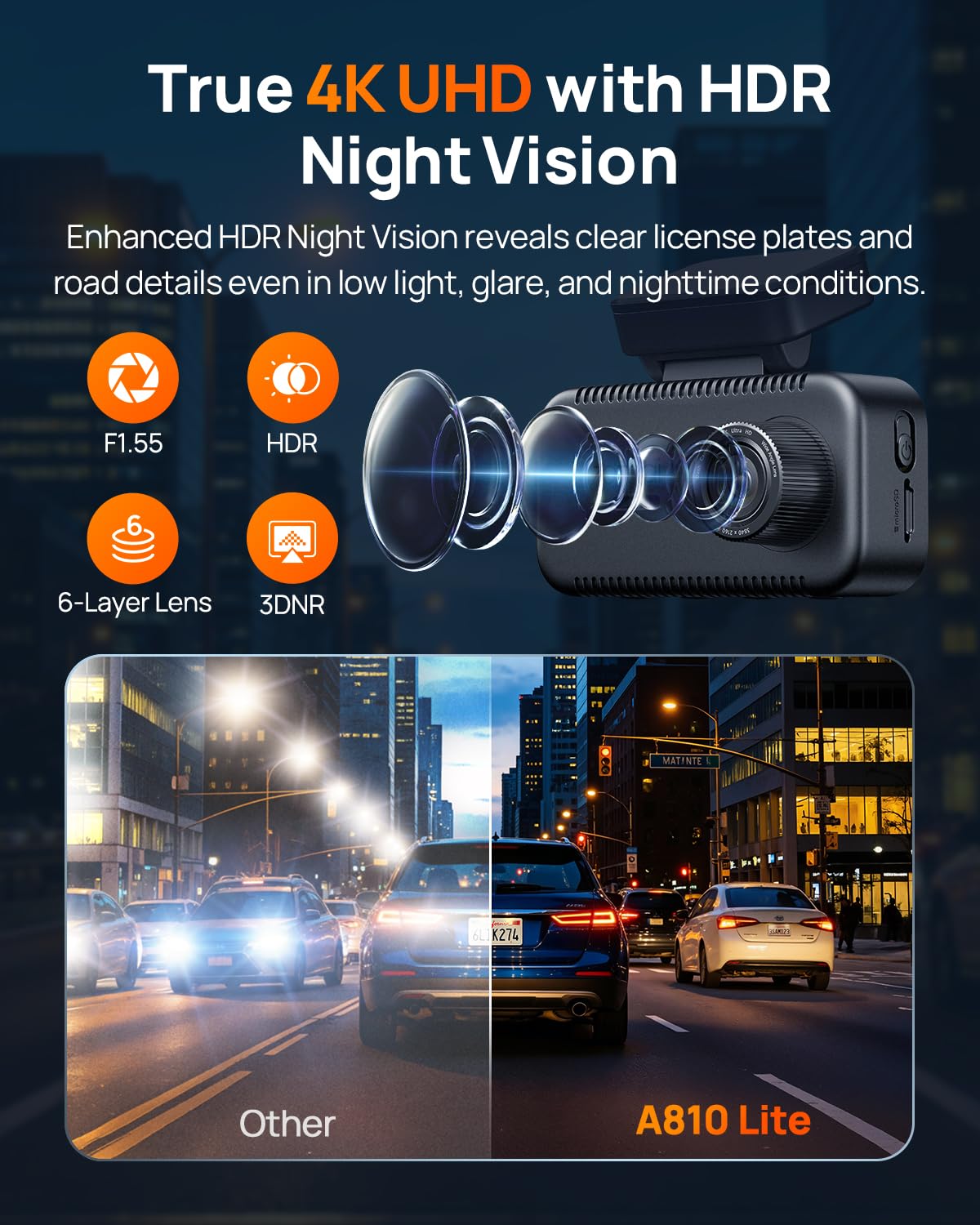 Dash kamera, A810 Lite 4K, Front i Rear z Wi-Fi 6