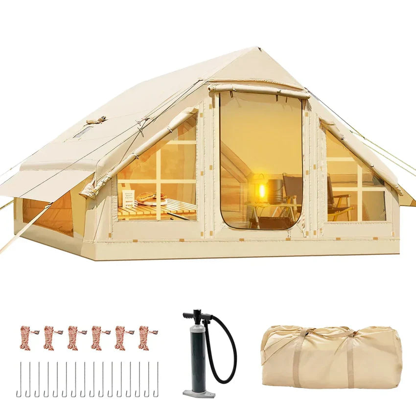 Camping Tent - 6 Person Inflatable, Featuring Pump - 10ft x7ft Glamping Family Tent Easy Setup 4 Season Waterproof Windproof Outdoor Blow Up Tent Luxury