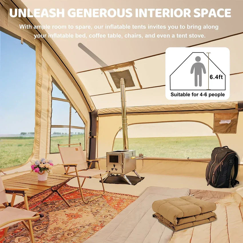 Camping Tent - 6 Person Inflatable, Featuring Pump - 10ft x7ft Glamping Family Tent Easy Setup 4 Season Waterproof Windproof Outdoor Blow Up Tent Luxury