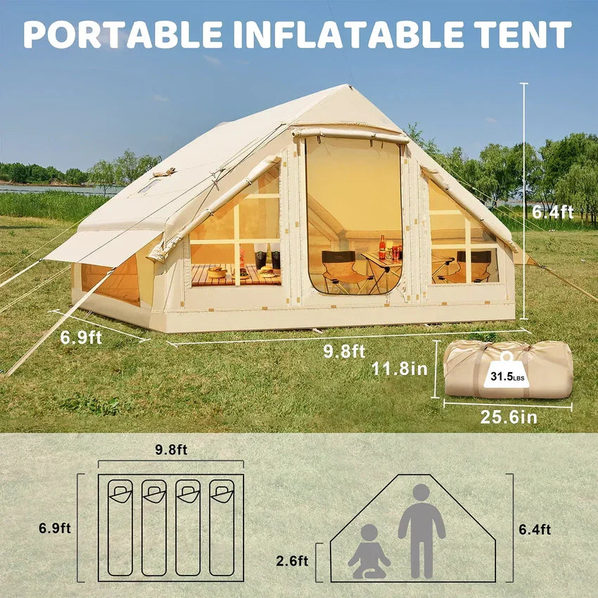 Camping Tent - 6 Person Inflatable, Featuring Pump - 10ft x7ft Glamping Family Tent Easy Setup 4 Season Waterproof Windproof Outdoor Blow Up Tent Luxury