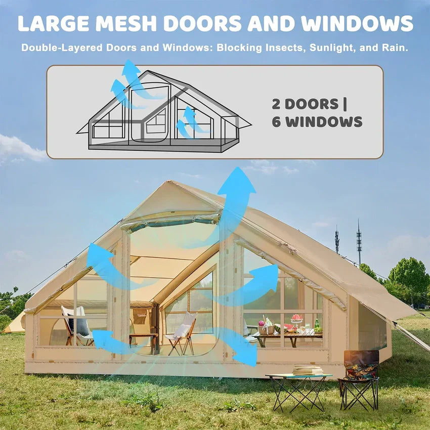 Camping Tent - 6 Person Inflatable, Featuring Pump - 10ft x7ft Glamping Family Tent Easy Setup 4 Season Waterproof Windproof Outdoor Blow Up Tent Luxury