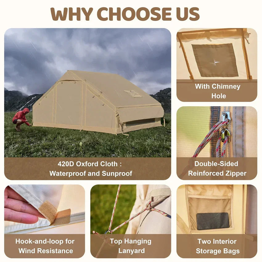 Camping Tent - 6 Person Inflatable, Featuring Pump - 10ft x7ft Glamping Family Tent Easy Setup 4 Season Waterproof Windproof Outdoor Blow Up Tent Luxury