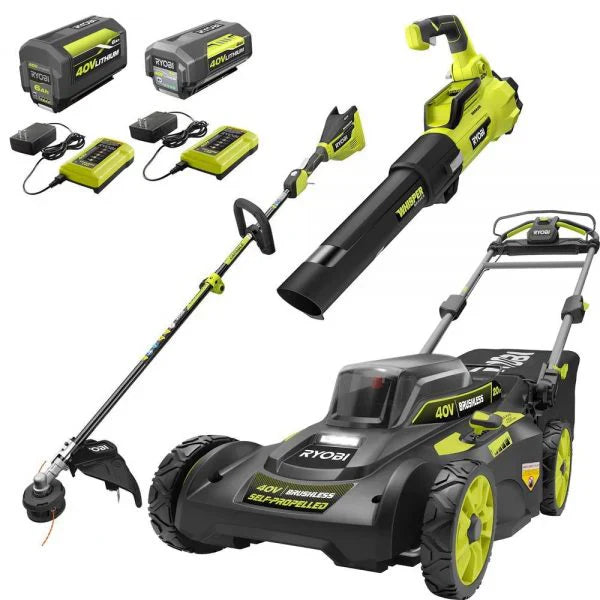 String Trimmer - 40V Brushless 20 in. Walk Behind Self Propelled Mower, Leaf Blower - Featuring (2) Batteries and (2) Chargers