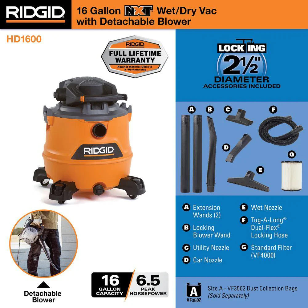 Vacuum - 16 Gallon 6.5 Peak HP NXT WetDry Shop - Featuring Detachable Blower Filter Locking Hose and Accessories HD1600