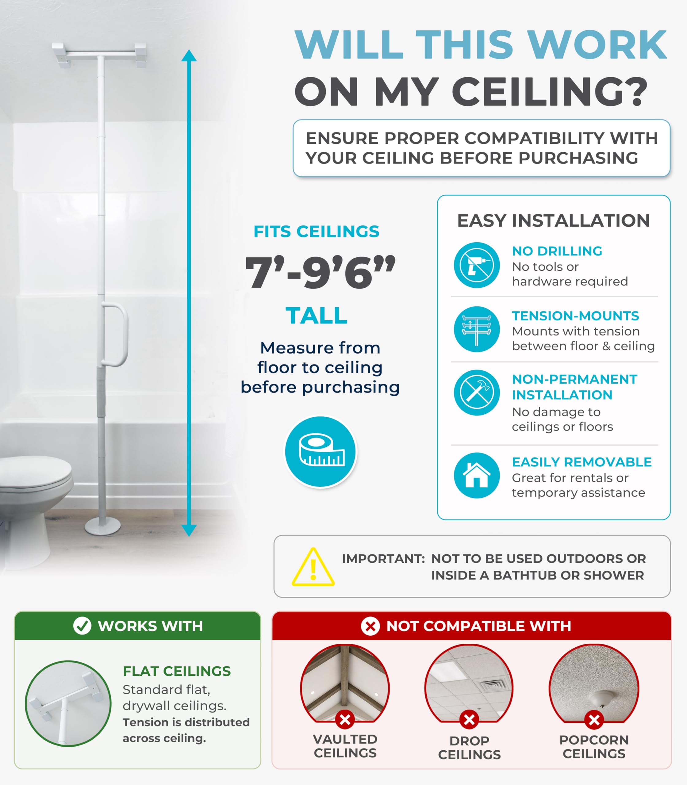 Pojedynczy uchwyt podłoga to Ceiling Grab Bar do Seniors