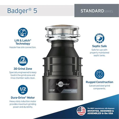 5 rozdrabniacz odpadow, 1/2 HP Continuous Feed, kompaktowy design, Quick Lock Installation