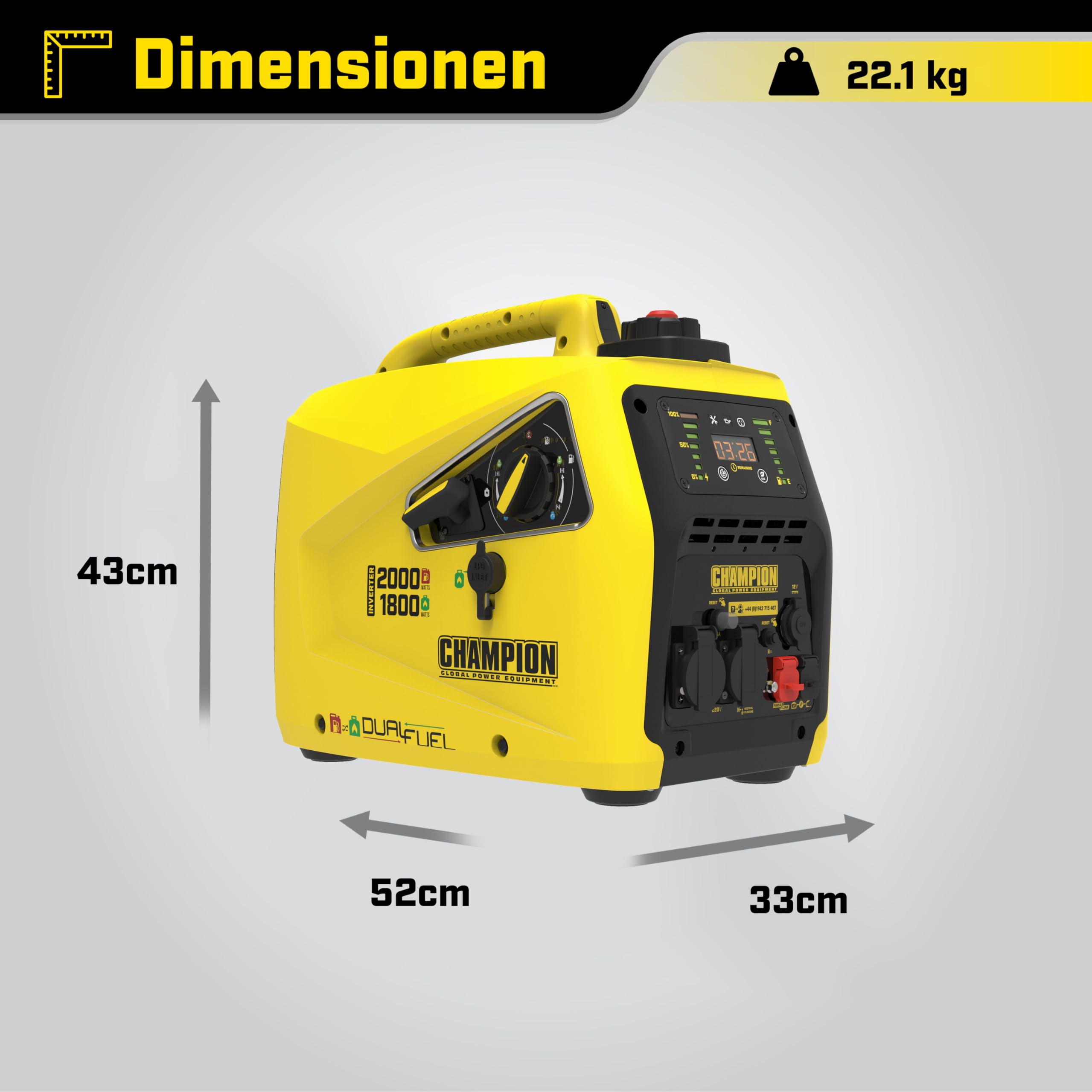 Generator - Petrol + Gas Power, (2000 Watt - Power Inverter, Generator with LED Display, Dual Fuel, Extremely Quiet)