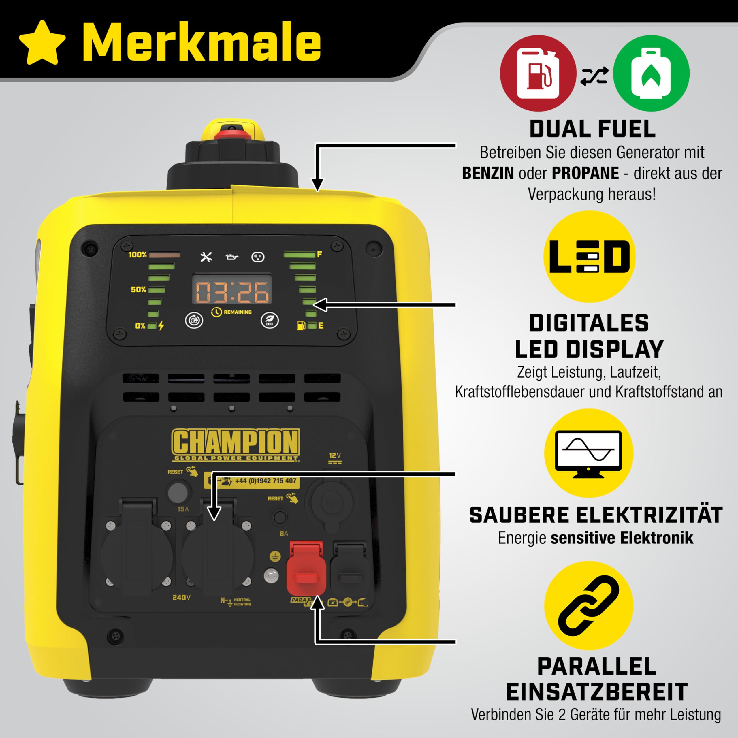 Generator - Petrol + Gas Power, (2000 Watt - Power Inverter, Generator with LED Display, Dual Fuel, Extremely Quiet)