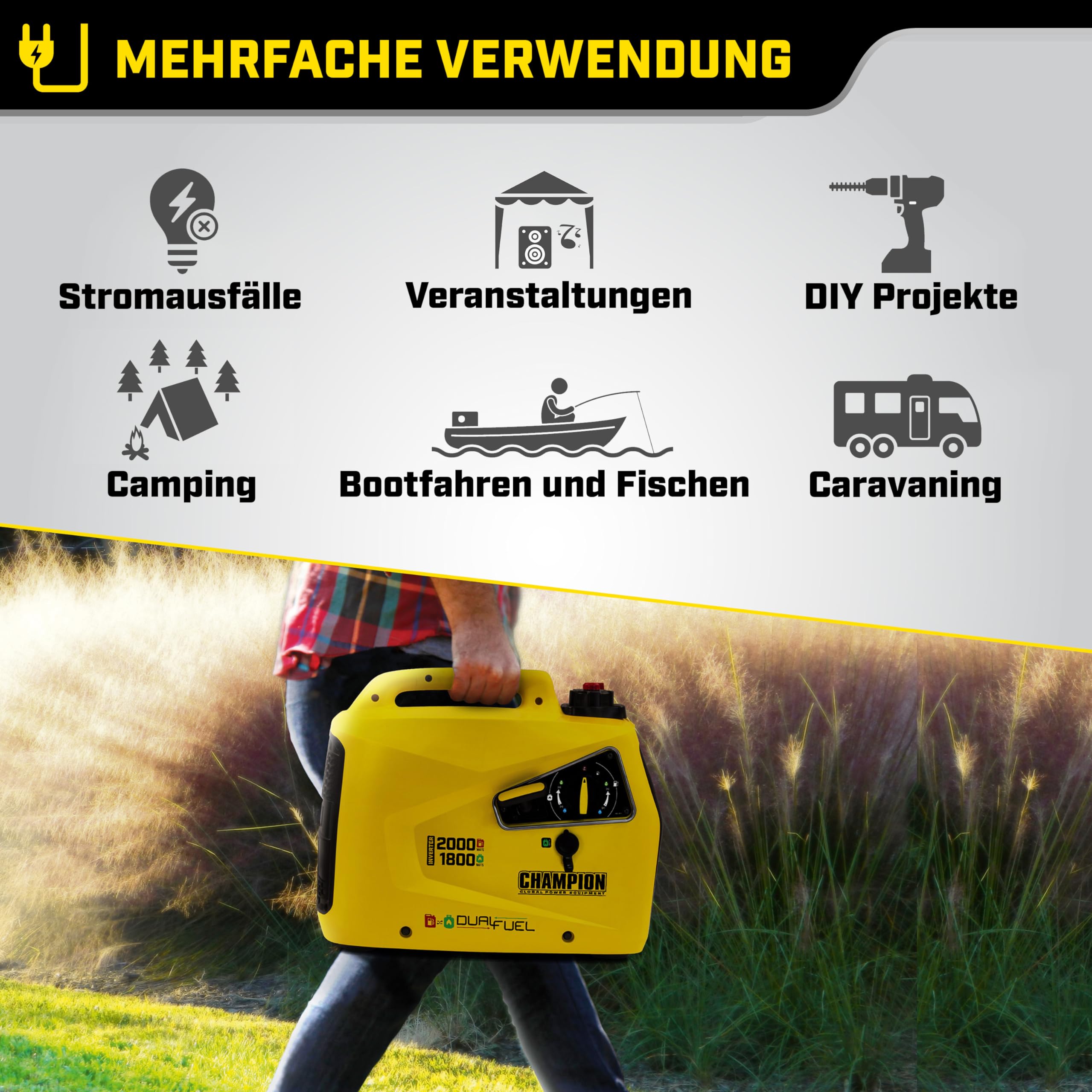 Generator - Petrol + Gas Power, (2000 Watt - Power Inverter, Generator with LED Display, Dual Fuel, Extremely Quiet)