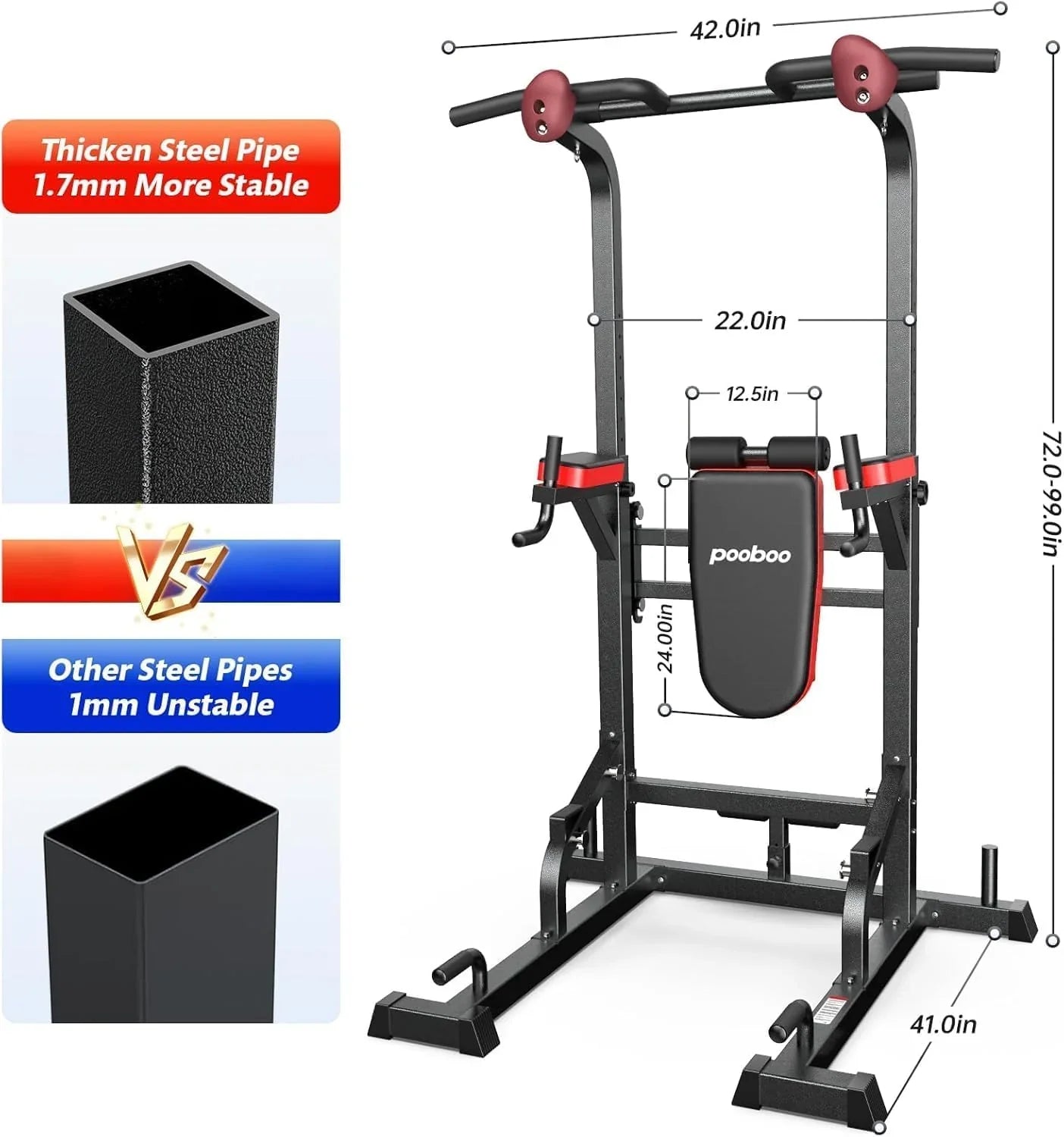 1787540439_gpyET5bL Pooboo moc Tower Dip stacja, Pull-up Bar, Supine Board, regulowany