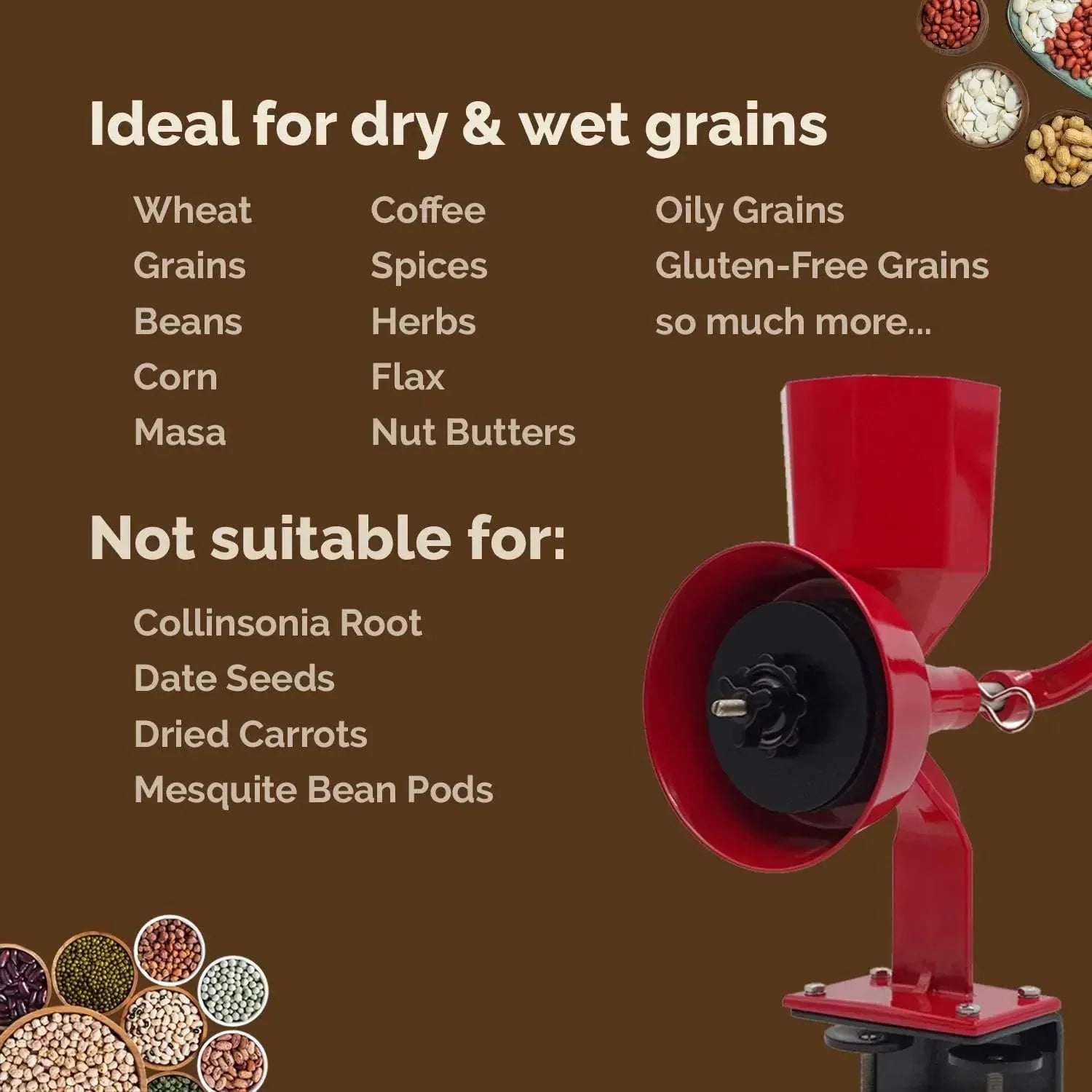 Grain Mill - Manual, Red Miracle Primary Deluxe Dry and Oily Grain Kitchen Flour Mill - Wheat Stone Mill