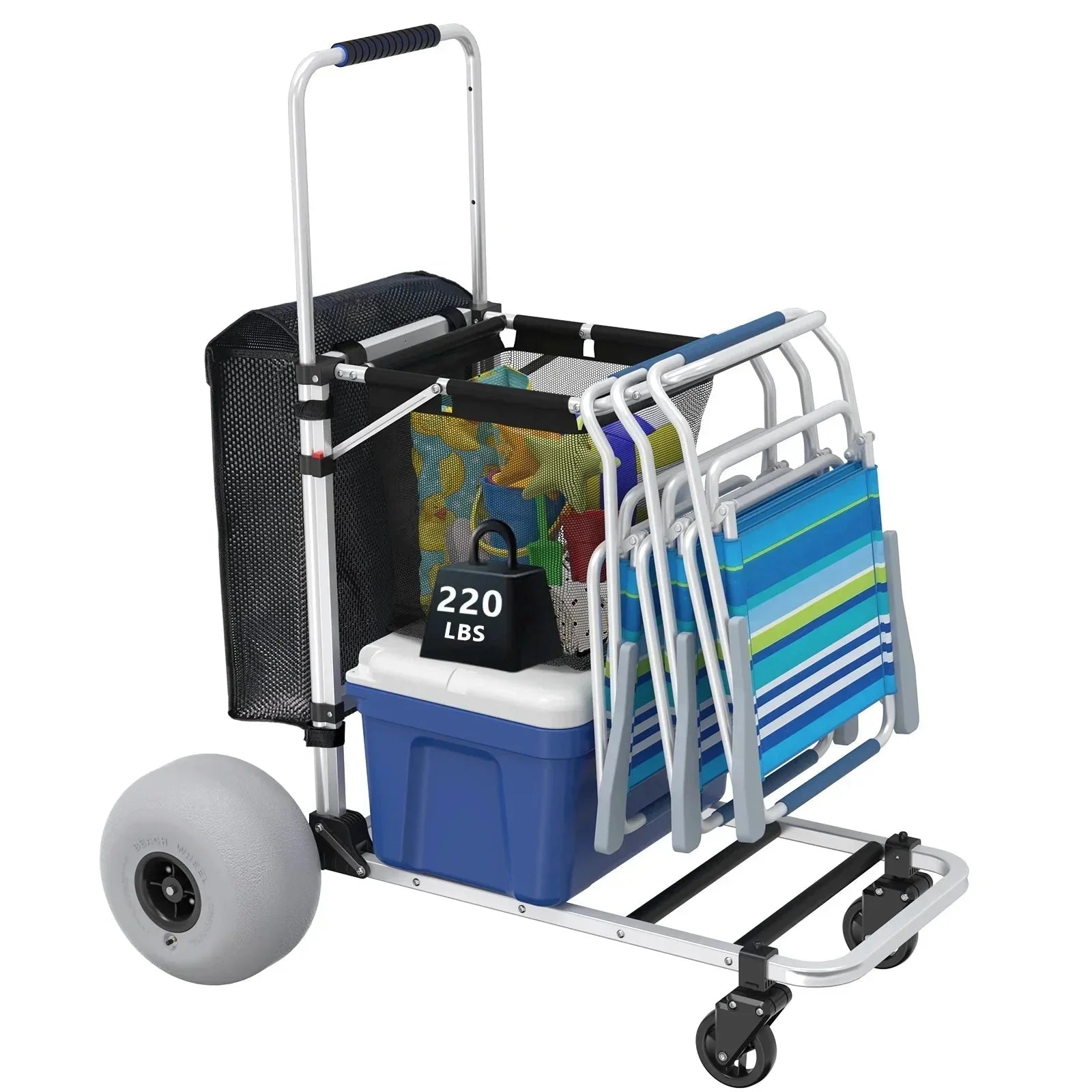 Wheels - Foldable Beach Cart with Adjustable Handle and 12 Balloon - Heavy Duty Aluminum 220LBS Capacity