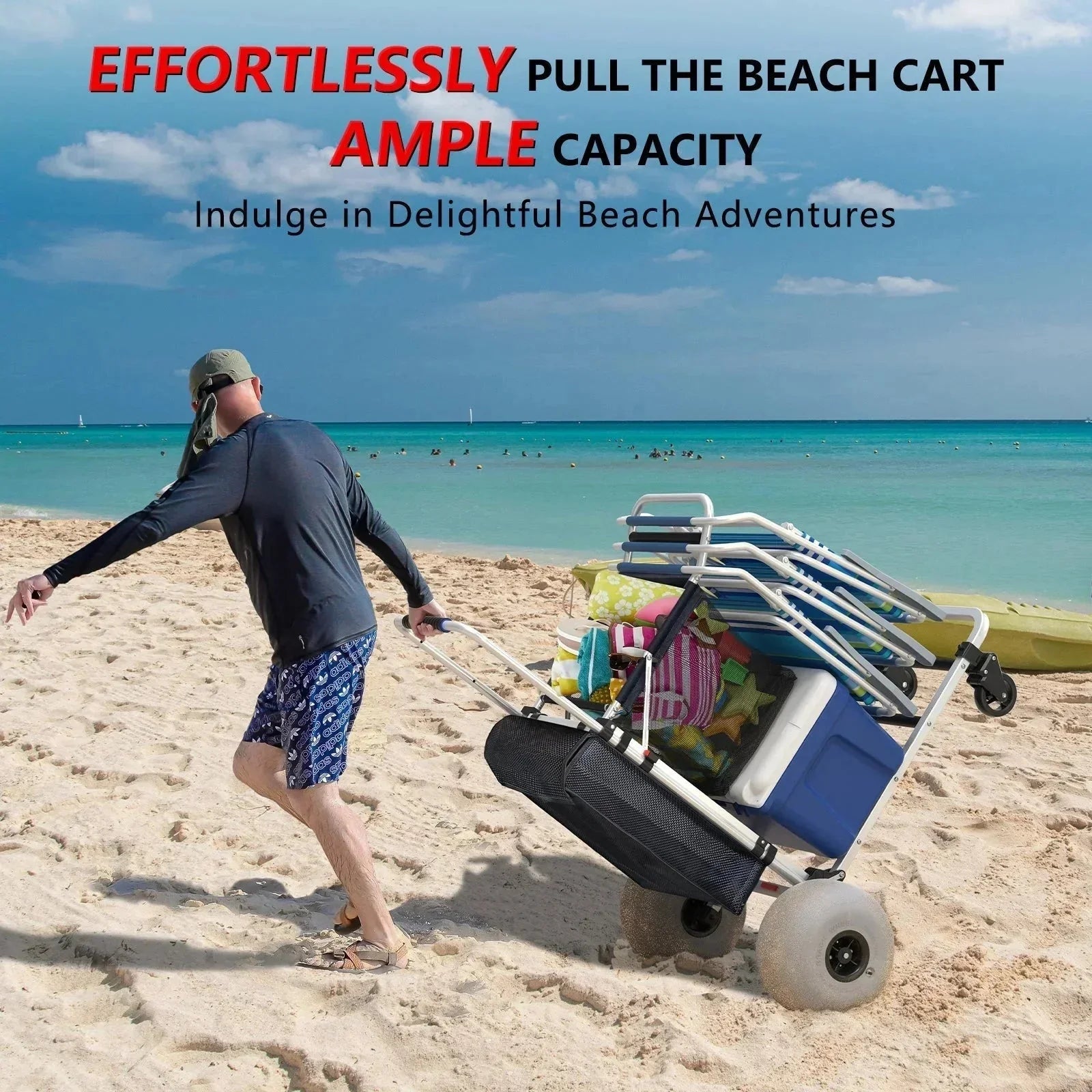 Wheels - Foldable Beach Cart with Adjustable Handle and 12 Balloon - Heavy Duty Aluminum 220LBS Capacity