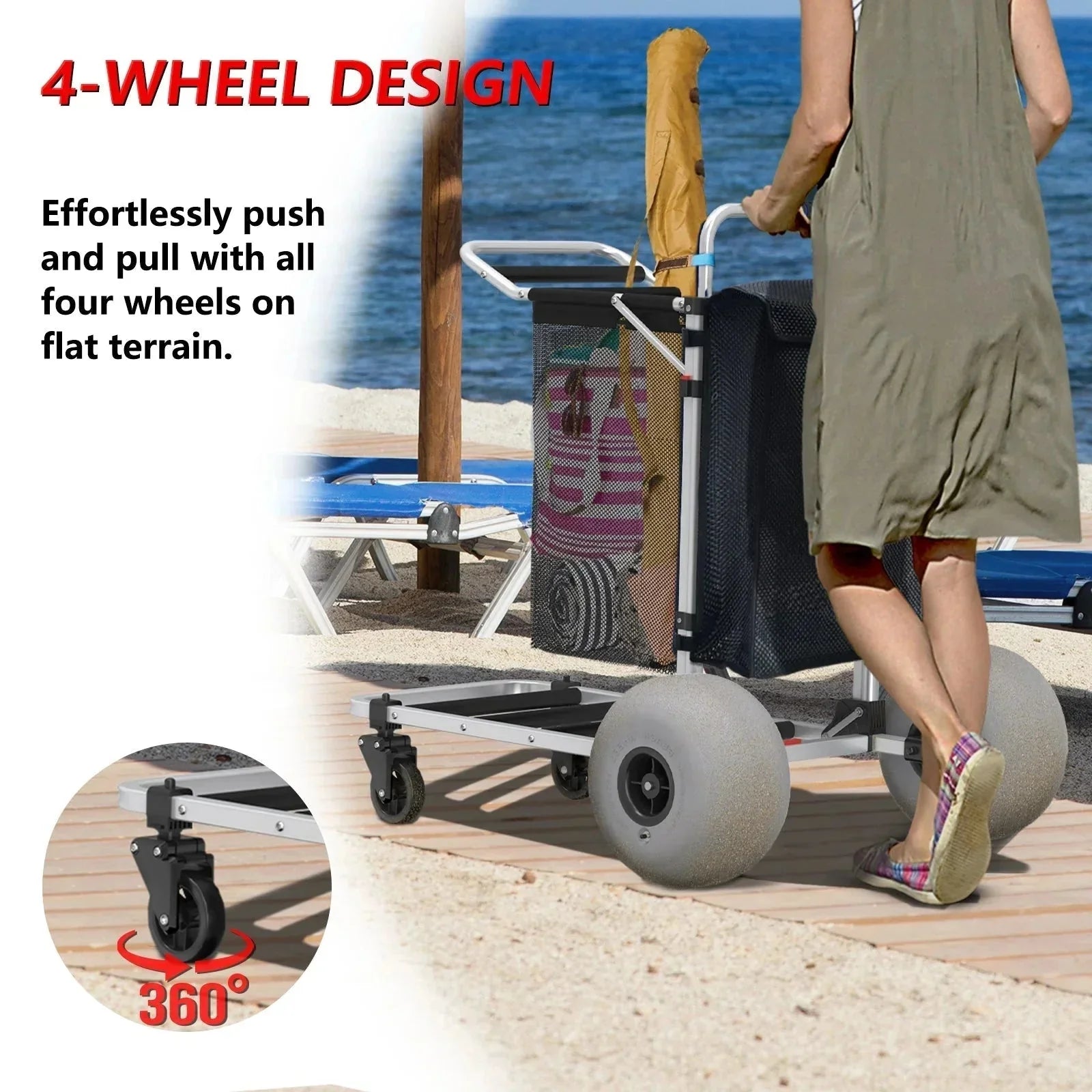 Wheels - Foldable Beach Cart with Adjustable Handle and 12 Balloon - Heavy Duty Aluminum 220LBS Capacity
