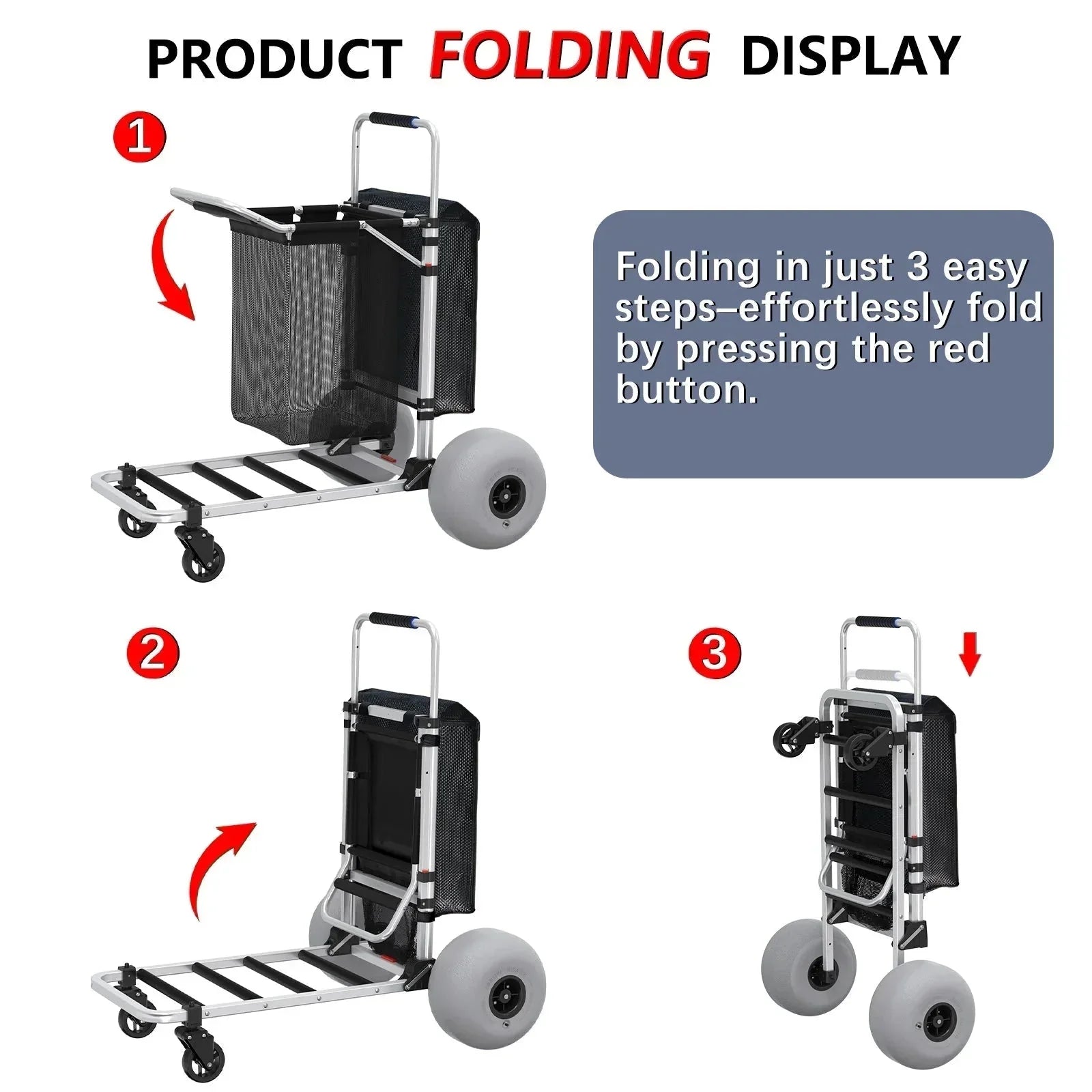 Wheels - Foldable Beach Cart with Adjustable Handle and 12 Balloon - Heavy Duty Aluminum 220LBS Capacity