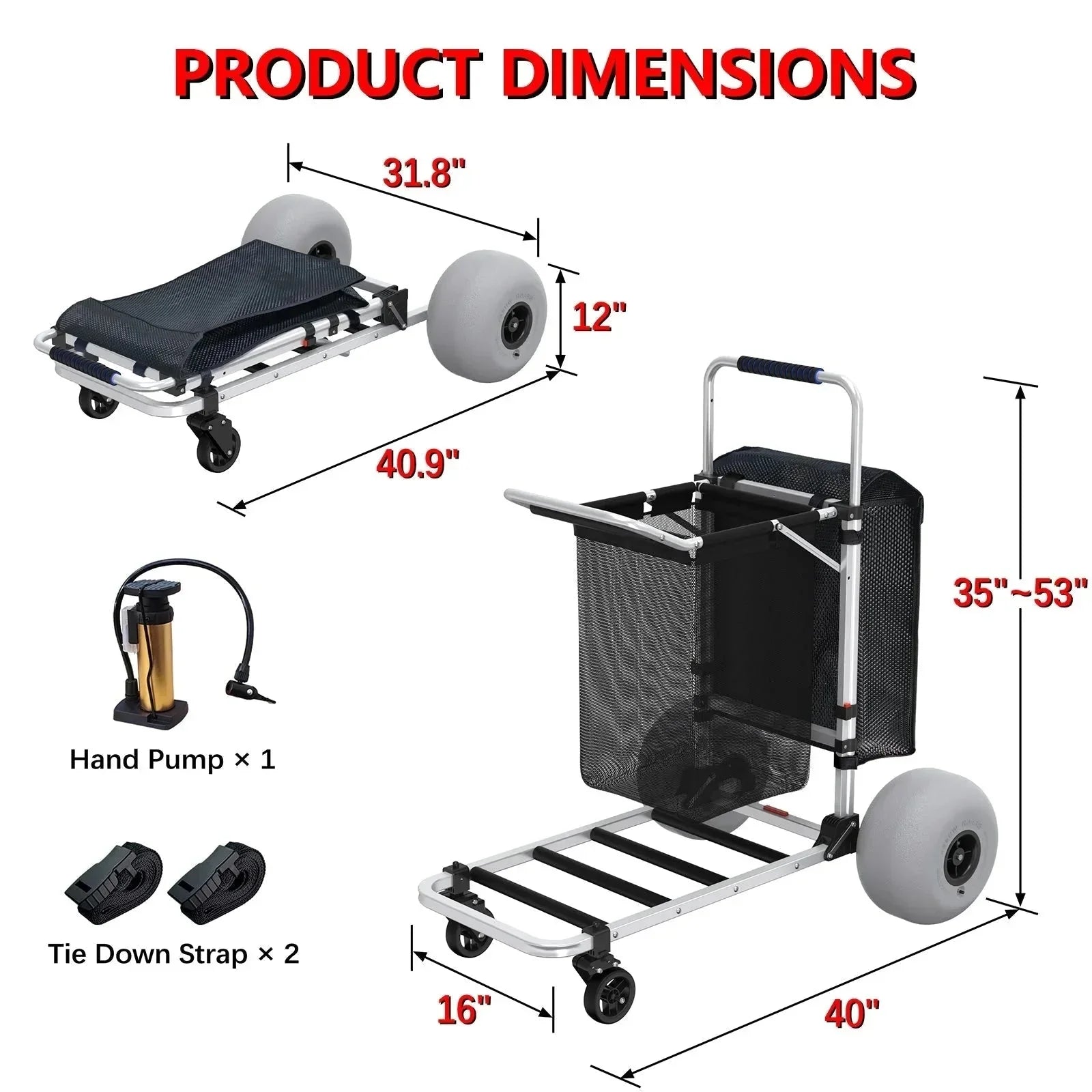 Wheels - Foldable Beach Cart with Adjustable Handle and 12 Balloon - Heavy Duty Aluminum 220LBS Capacity