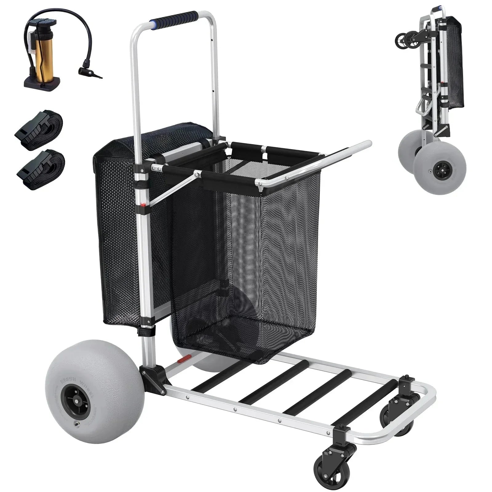 Wheels - Foldable Beach Cart with Adjustable Handle and 12 Balloon - Heavy Duty Aluminum 220LBS Capacity