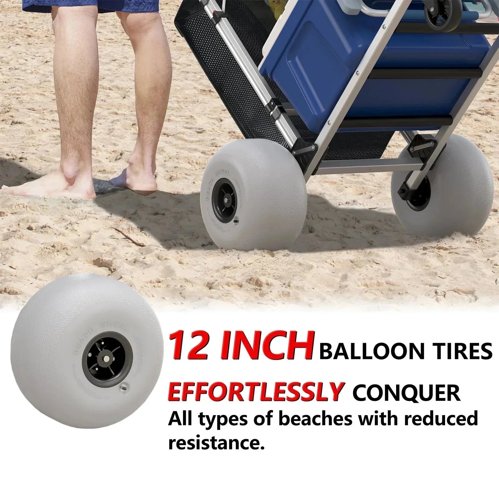 Wheels - Foldable Beach Cart with Adjustable Handle and 12 Balloon - Heavy Duty Aluminum 220LBS Capacity