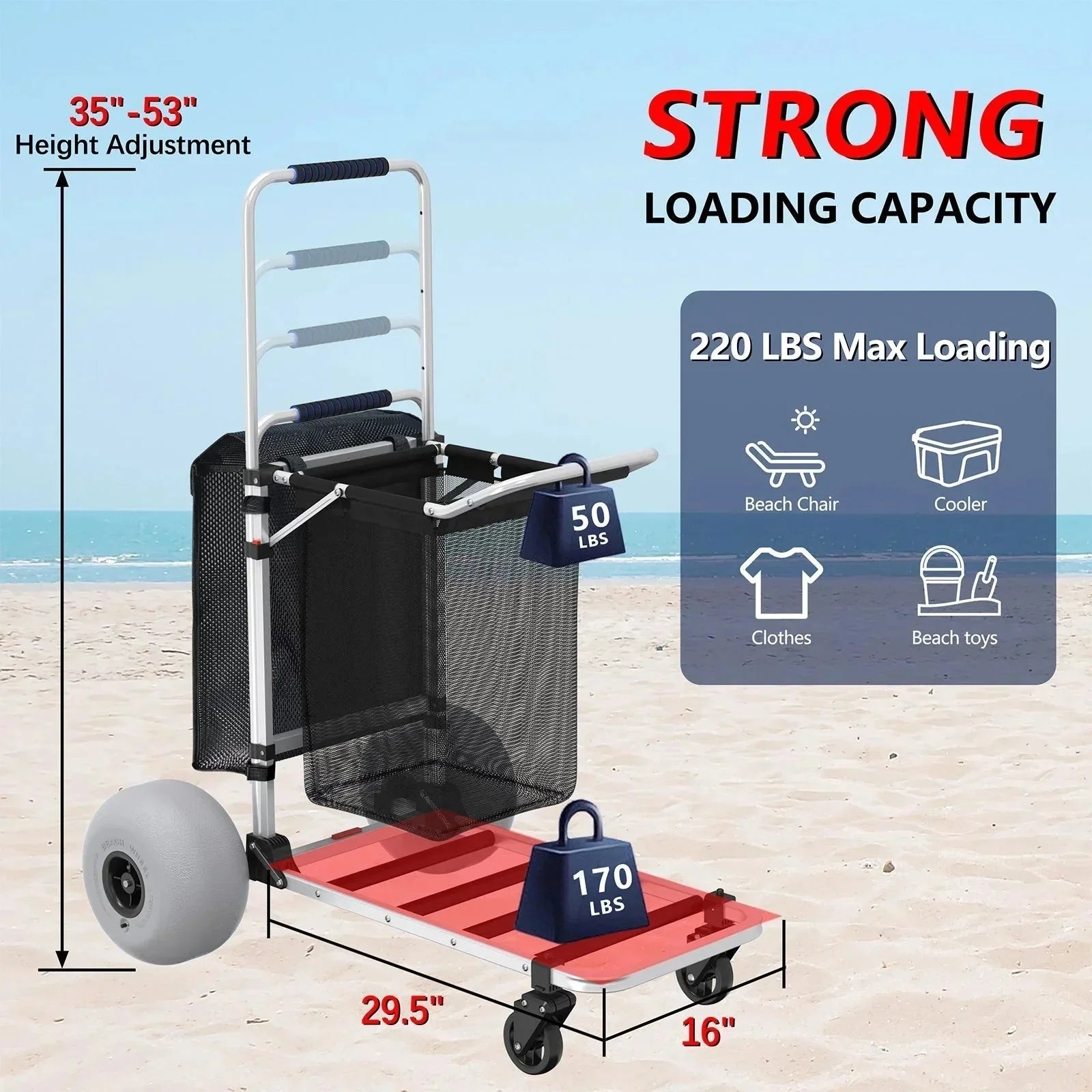 Wheels - Foldable Beach Cart with Adjustable Handle and 12 Balloon - Heavy Duty Aluminum 220LBS Capacity