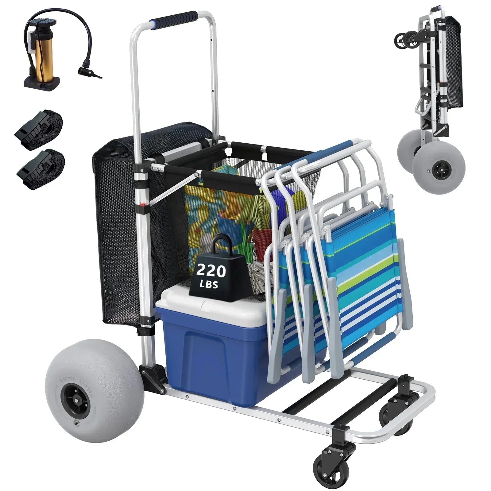 Wheels - Foldable Beach Cart with Adjustable Handle and 12 Balloon - Heavy Duty Aluminum 220LBS Capacity