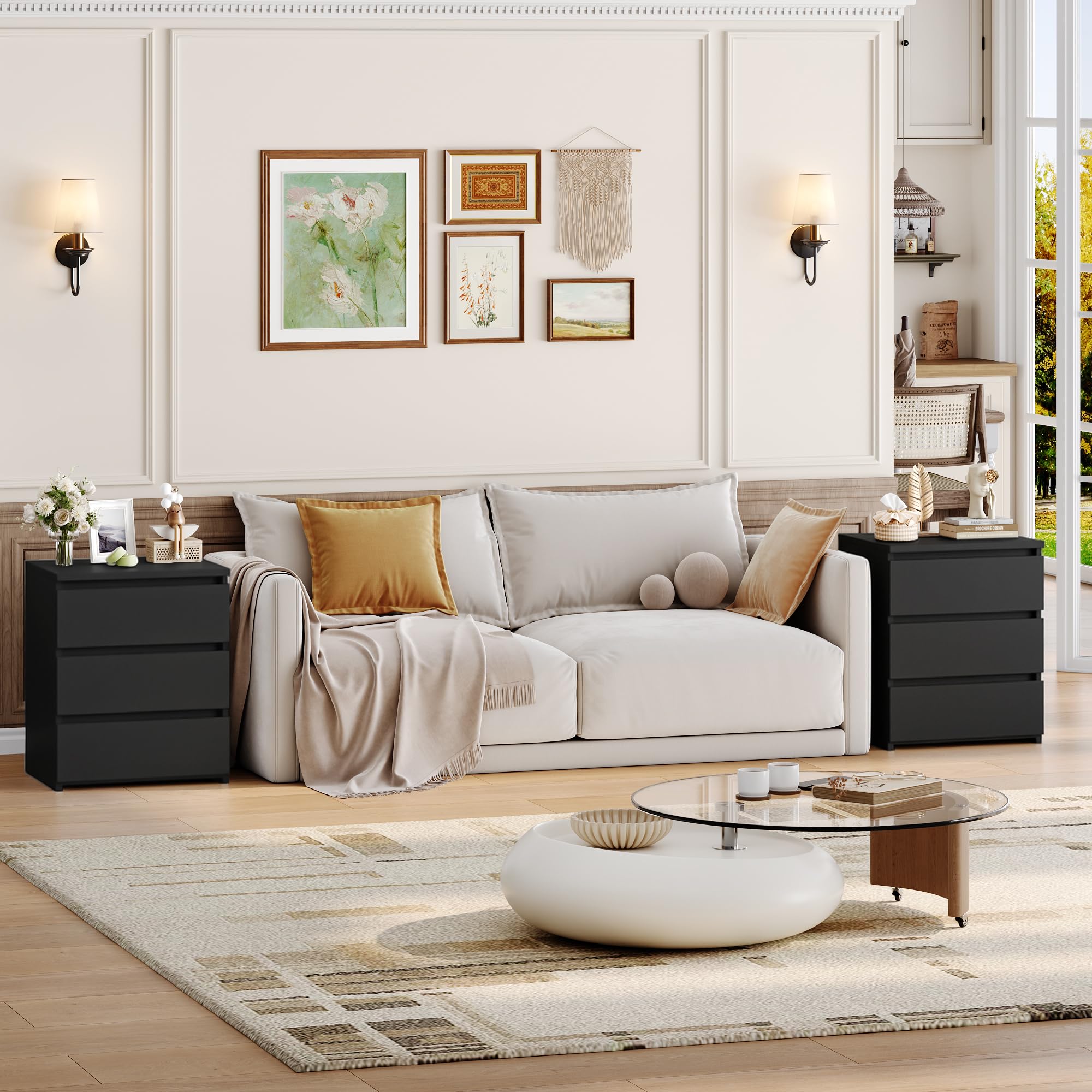 Zestaw, czarny Nightstands, 2 z 3 szuflady