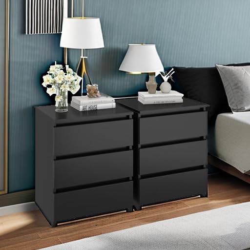 Zestaw, czarny Nightstands, 2 z 3 szuflady