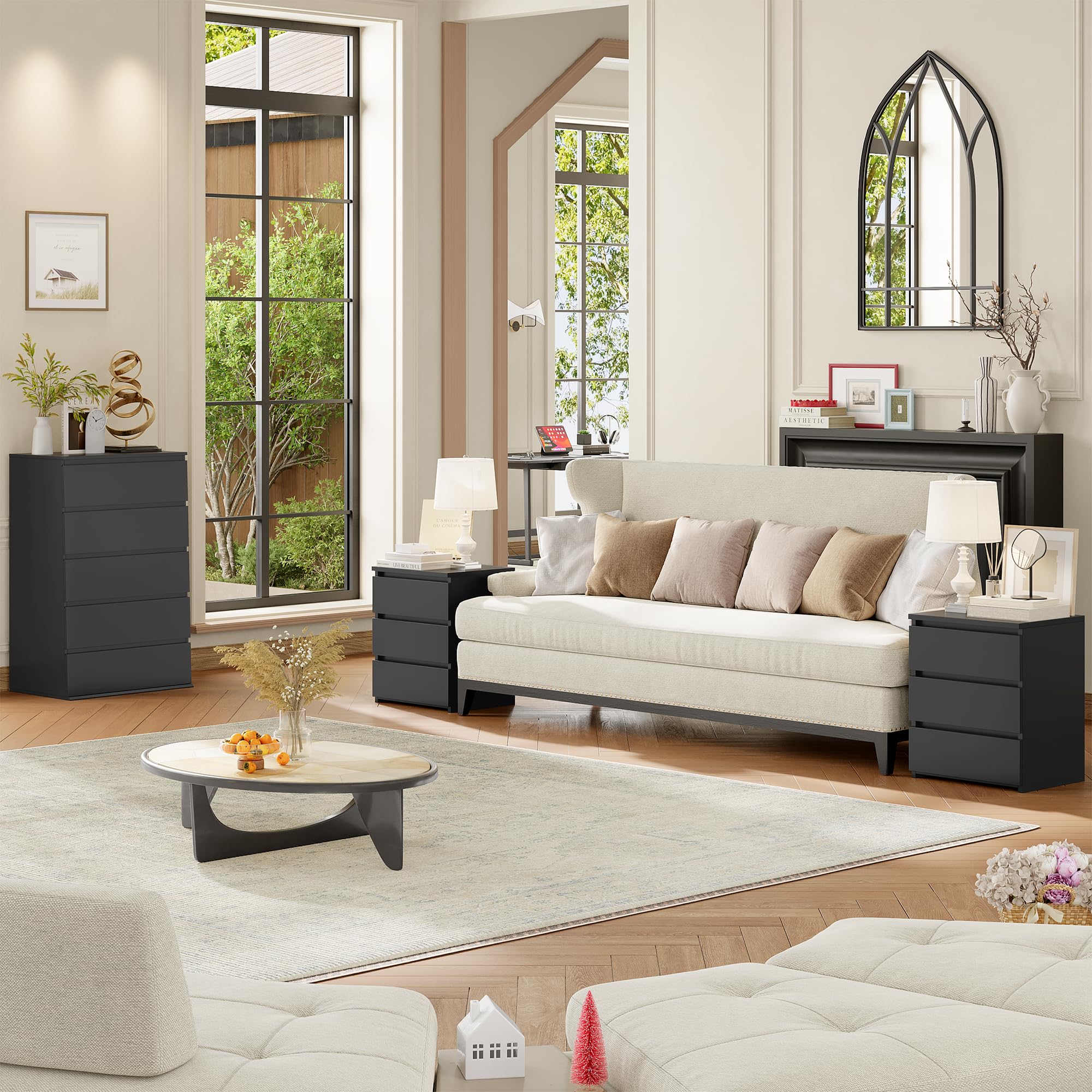Zestaw, czarny Nightstands, 2 z 3 szuflady